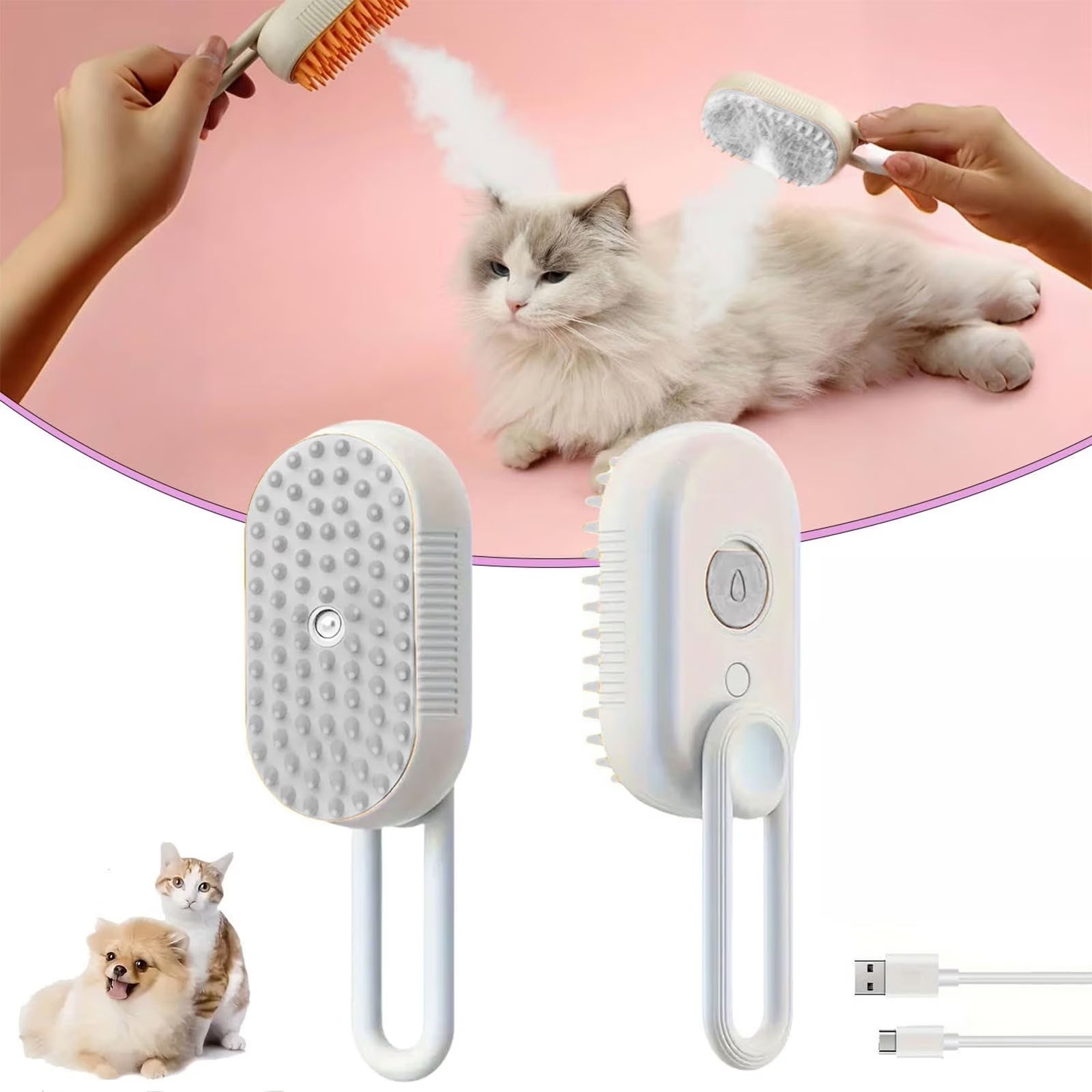 Defur Comb for Cats Dogs, 3 in 1 Steam Cat Brush  for Shedding & Grooming, Self Cleaning 3 in 1 Pet Brush Pet Grooming Brush with Spray (White)
