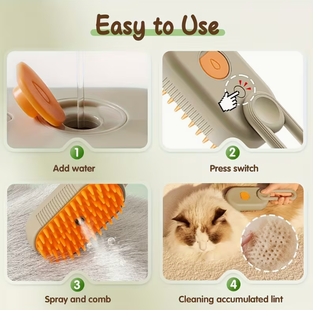 Electric Cat Steam Brush – 3-In-1 Pet Grooming Comb with Water Spray for Cats and Dogs, USB Rechargeable